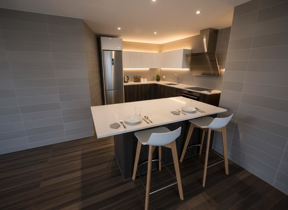 Render 3D cocina industrial con encimera de acero