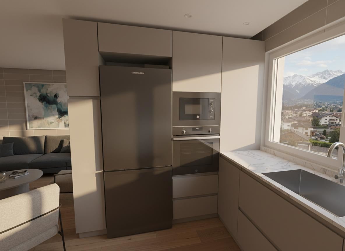 Render 3D cocina abierta con comedor