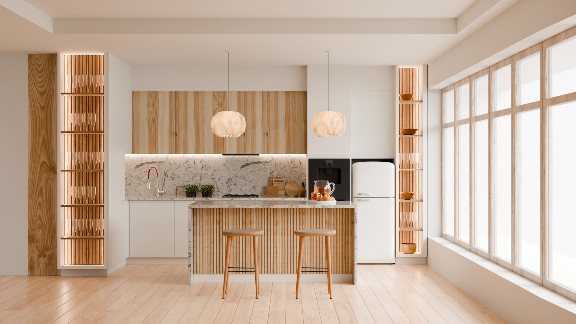 Proyecto cocina industrial Arganzuela 2025 - Diseño tipo loft con vigas vistas y acabados cemento pulido